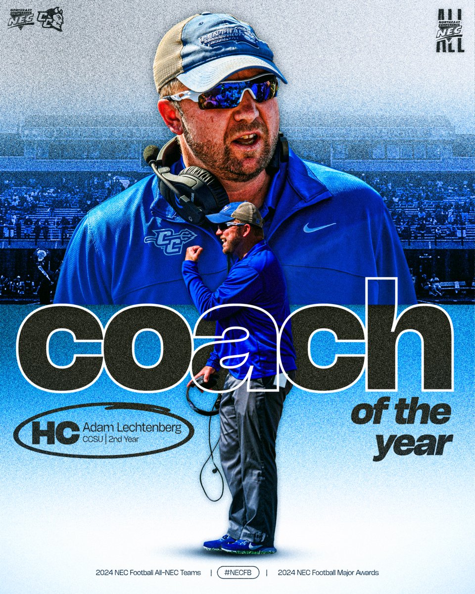 Northeast Conference (@necsports) on Twitter photo 🏈🏅 2024 NEC Football Coach of the Year
𝗔𝗱𝗮𝗺 𝗟𝗲𝗰𝗵𝘁𝗲𝗻𝗯𝗲𝗿𝗴, <a href="/CCSUBlueDevils/">CCSU Blue Devils</a> ✨
» Led the 🔵😈 to their first NEC 👑 & AQ to <a href="/NCAA_FCS/">NCAA FCS Football</a> Playoffs since 2019
» Led a team that finished 1-6 in NEC play in 2023 to a 5-1 league record in 2024
#NECelite 🏈🏅 2024 NEC Football Coach of the Year
𝗔𝗱𝗮𝗺 𝗟𝗲𝗰𝗵𝘁𝗲𝗻𝗯𝗲𝗿𝗴, <a href="/CCSUBlueDevils/">CCSU Blue Devils</a> ✨
» Led the 🔵😈 to their first NEC 👑 & AQ to <a href="/NCAA_FCS/">NCAA FCS Football</a> Playoffs since 2019
» Led a team that finished 1-6 in NEC play in 2023 to a 5-1 league record in 2024
#NECelite