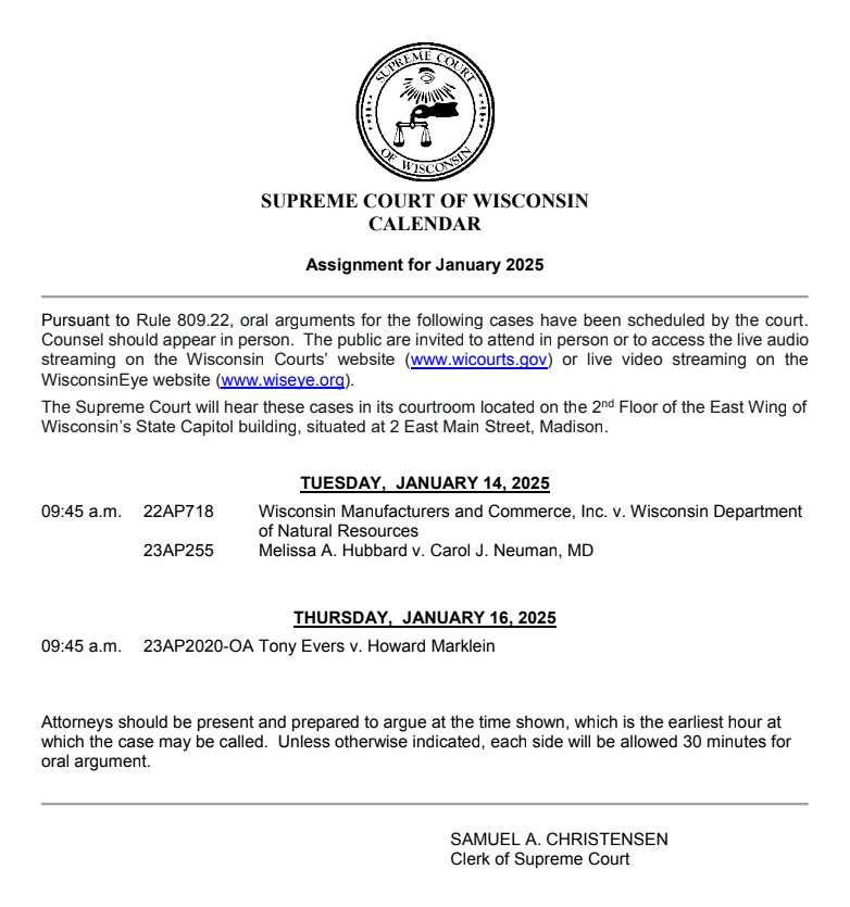 CalebGerbitz's tweet photo. The Wisconsin Supreme Court revised its January oral argument calendar, swapping out two criminal cases and adding Evers v. Marklein, in which the court will consider the constitutionality of legislative review of administrative rules. https://t.co/c9RIS0wPYk