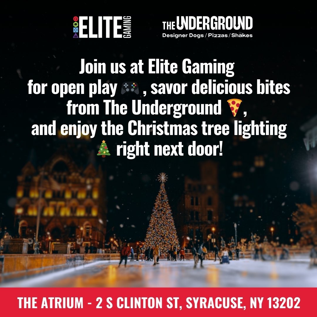 ELITEgaming_gg_'s tweet photo. Heading to Syracuse’s annual tree lighting this Friday?
🎄✨
Swing by ELITE Gaming next door in the lower level of the Atrium! Grab a bite, chill, and game with us, it’s the perfect way to keep the festive vibes going! 🎮🌭
#ELITEgaming #TogetherWeGame https://t.co/PBWJBff76D