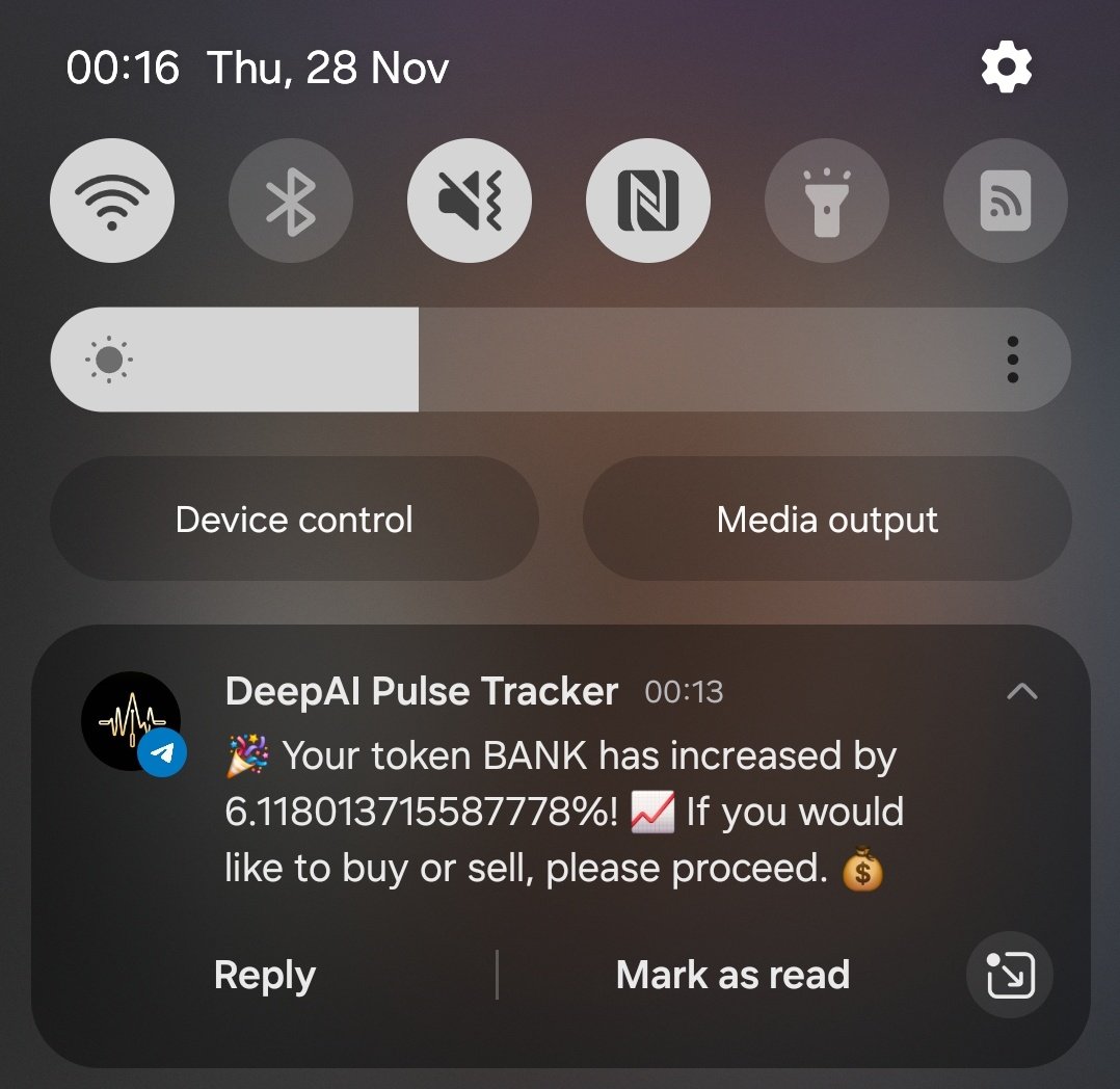 DeepBot_'s tweet image. DEEPAI Pulse Tracker Bot will keep you on top of your investments.

Save time, we&apos;ll tell you when things are moving. 

#DEEPAI