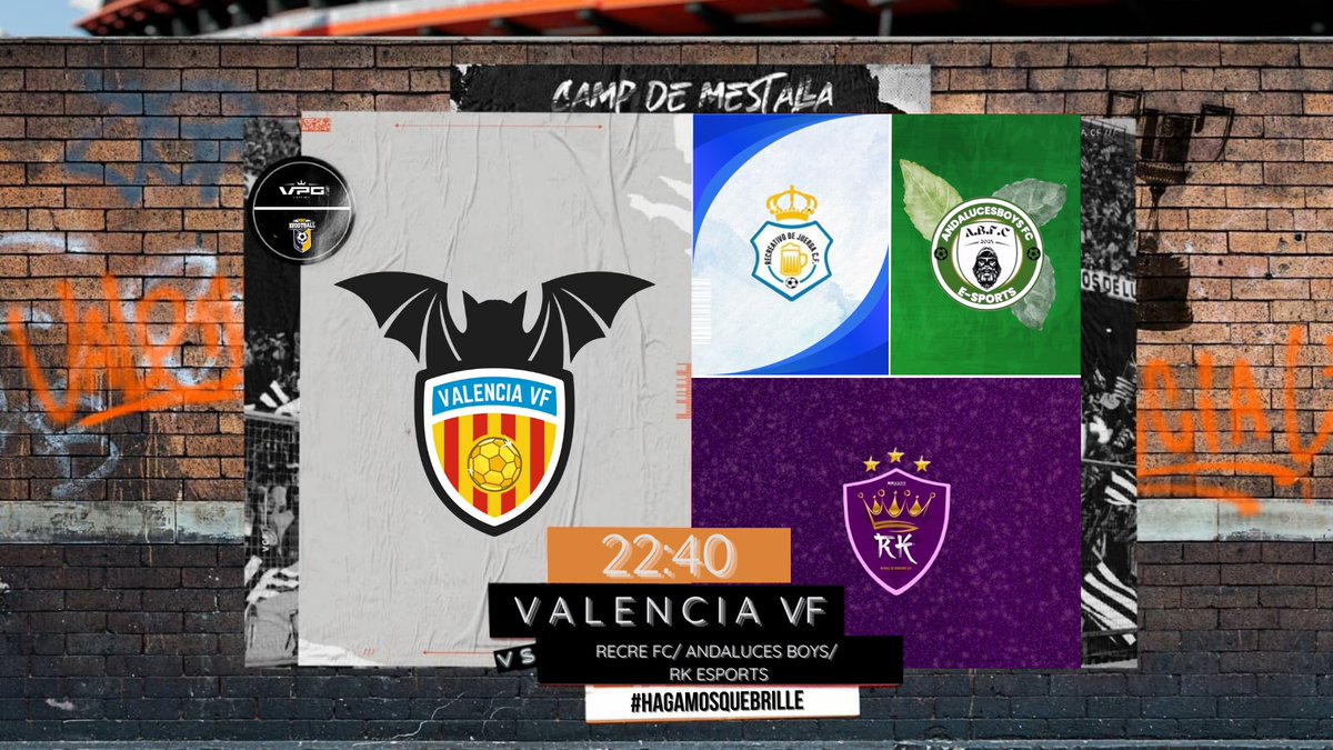 Valencia VF (@valenciavf_1919) on Twitter photo 🎮⚽ ¡MATCH DAY! ⚽🎮
Triple jornada de competición:
🔥 <a href="/PLGeFootBall/">PLG efootball</a>
🆚 <a href="/RoyalKieSports/">RK eSports</a> 🕒 22:40
💥 <a href="/VPG_Spain/">Virtual Pro Gaming España</a>
🆚 <a href="/RecreFcOficial/">RECRE FC</a> 🕒 23:00
🆚 @AndalucesBoysFC 🕒 23:20
⚫️⚪ ¡Vamos a por todas, amunt Valencia! 💪🦇
#AMUNT #Hagamosquebrille 🎮⚽ ¡MATCH DAY! ⚽🎮
Triple jornada de competición:
🔥 <a href="/PLGeFootBall/">PLG efootball</a>
🆚 <a href="/RoyalKieSports/">RK eSports</a> 🕒 22:40
💥 <a href="/VPG_Spain/">Virtual Pro Gaming España</a>
🆚 <a href="/RecreFcOficial/">RECRE FC</a> 🕒 23:00
🆚 @AndalucesBoysFC 🕒 23:20
⚫️⚪ ¡Vamos a por todas, amunt Valencia! 💪🦇
#AMUNT #Hagamosquebrille