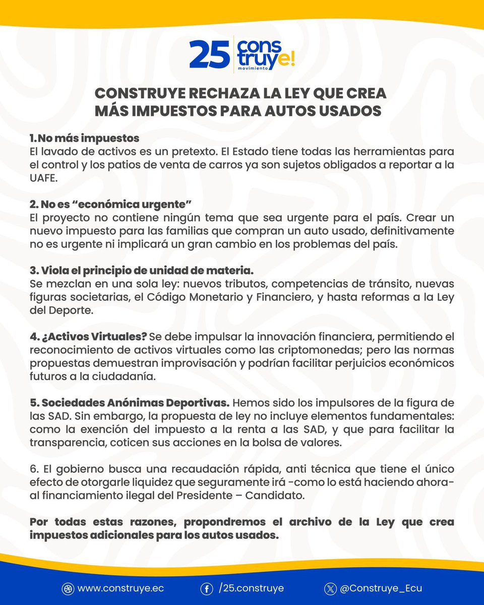 ¿Más impuestos para las familias que compran un auto usado? 

                            ¡Por supuesto que no!

No más impuestos anti técnicos para pagar la campaña del candidato - presidente.

<a href="/Construye_Ecu/">Construye_Ecu</a>