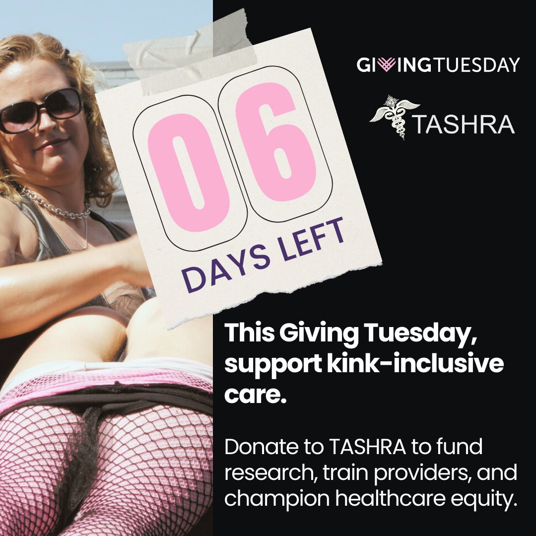 6 days to #GivingTuesday!

Join TASHRA in transforming healthcare for kink &amp; BDSM communities through research, provider training, &amp; advocacy. Together, we can ensure affirming care for all. 💌 

Donate: paypal.com/donate/?hosted…

#HealthWithoutJudgment