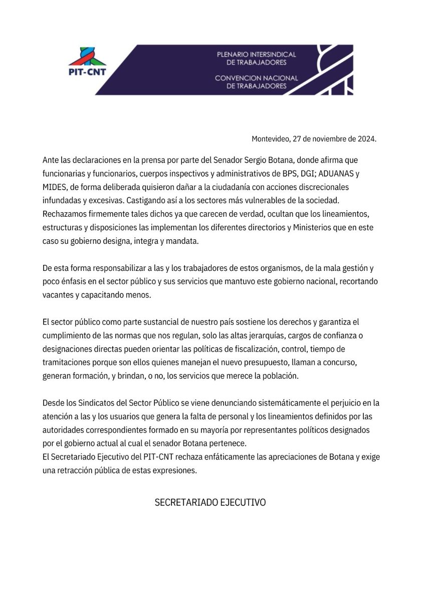 PITCNT1's tweet photo. El Secretariado Ejecutivo del PIT-CNT rechaza enfáticamente las apreciaciones de Botana y exige una retracción pública de estas expresiones. https://t.co/jD7YZcF7KG