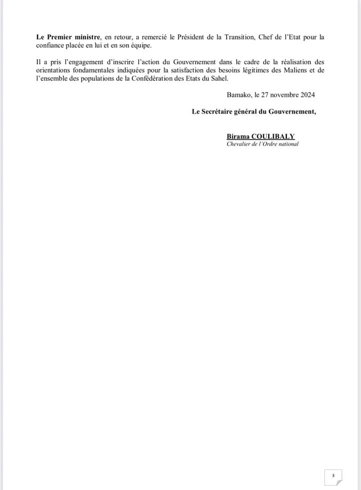 🇲🇱Communiqué du conseil des ministres du mercredi 27 novembre 2024.