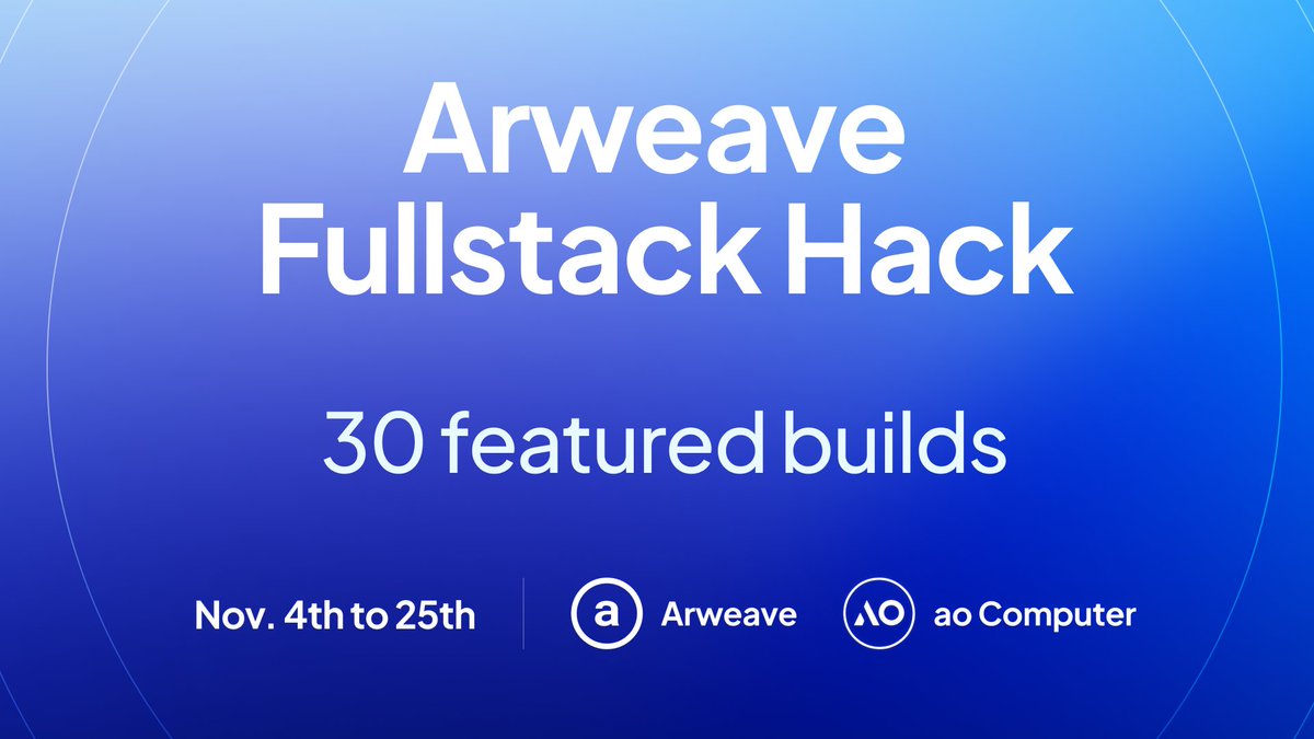 Only Arweave (@onlyarweave) on Twitter photo We've just concluded the Arweave Fullstack Hack. 
300+ sign ups
30 highlighted featured builds
80 referral sign ups (built on <a href="/aoTheComputer/">ao</a>)
Next level stuff here. Check out the thread. We've just concluded the Arweave Fullstack Hack. 
300+ sign ups
30 highlighted featured builds
80 referral sign ups (built on <a href="/aoTheComputer/">ao</a>)
Next level stuff here. Check out the thread.