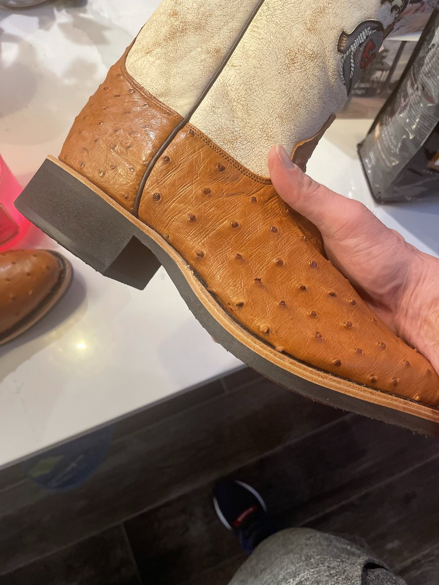 Johnny_Joey's tweet photo. I have a pair of custom cowboy boots that I’ve been trying to get soles made for that will work with my prosthetic legs for a few years. I’ve hit a few dead ends as of late. Does anyone personally know a custom boot maker? Please don’t randomly tag a company, celebrity or person. If you don’t know someone, just scroll on. Willing to pay for good work! 

I basically need a flat/thin sole with a precise rise toe to heel as my ankles don’t flex. First picture was the first attempt, second picture is what I did to existing sole to make them walkable and third picture is the latest attempt… where the somehow made them worse than they were at first 😂🤷🏻‍♂️