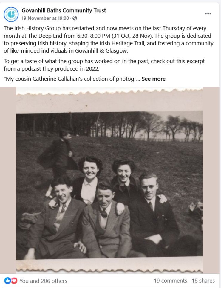 The Irish History Group has restarted &amp; meets last Thursday of every month @ The Deep End 6.30-8pm (31st Oct, 28th Nov). They are dedicated to preserving Irish history, shaping the Irish Heritage Trail, and fostering a like-minded community in Govanhill &amp; Glasgow. They're on FB