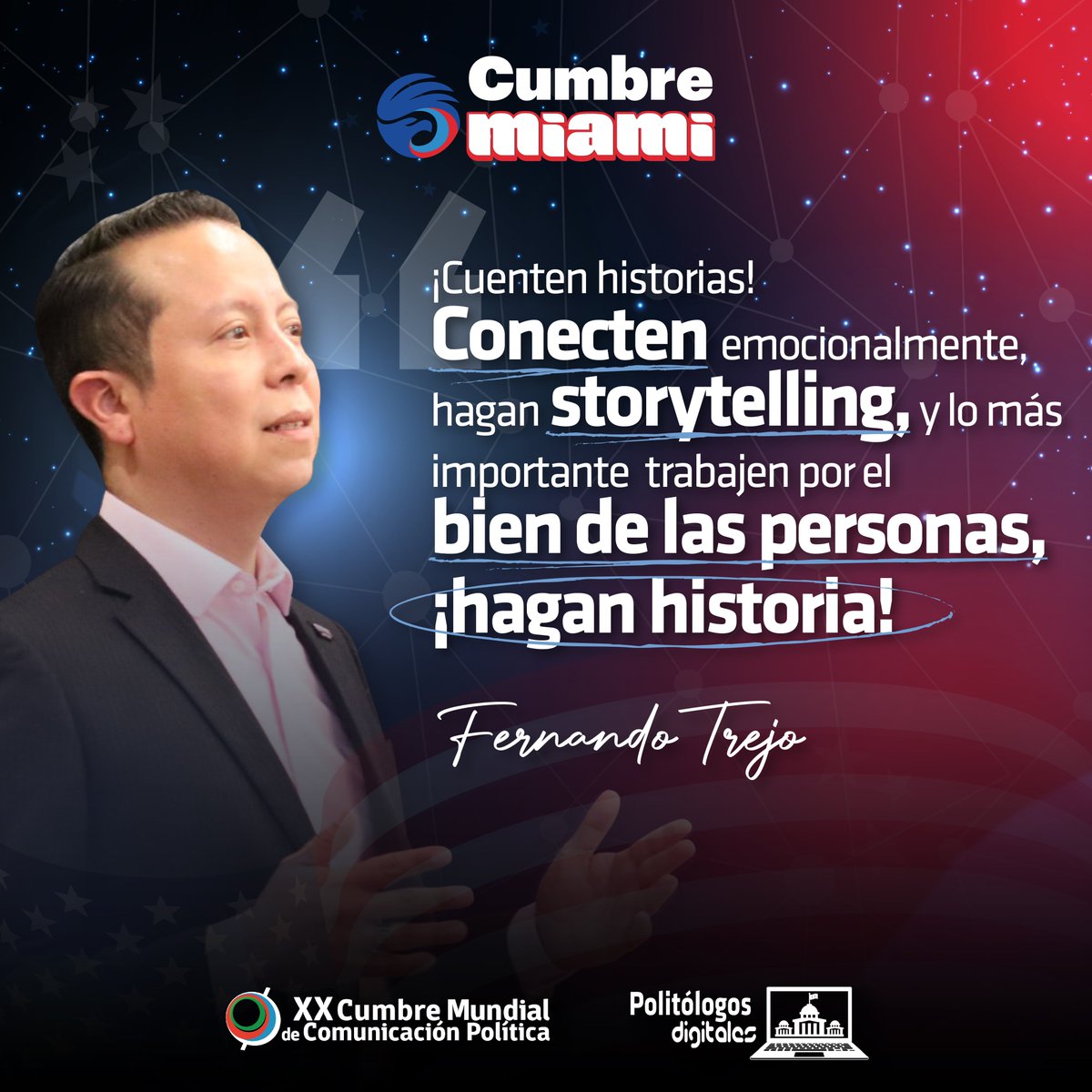 👨‍💻 ¿Cómo el #Storytelling nos ayuda a conectar emociones y movilizar audiencias? 

Nos compartió nuestro Director Académico de #PolitólogosDigitales, <a href="/FerchoTrejo/">Fercho Trejo Lugo</a> , en la #CumbreMiami, con su ponencia “El arte del relato digital en campañas y gobierno”. 💬

#ConsultoríaPolítica