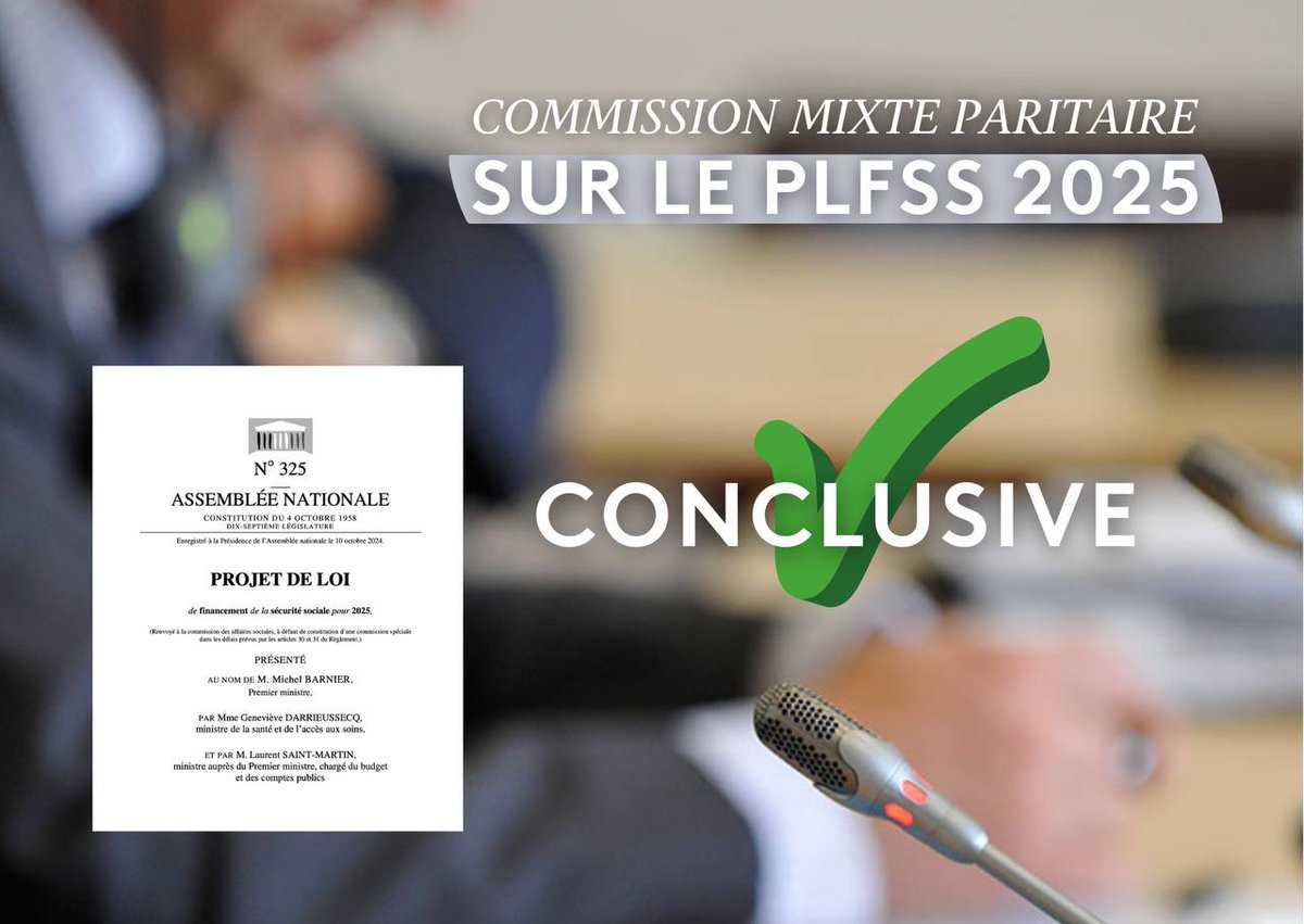 ✅ La CMP sur le #PLFSS2025 que j’ai eu l’honneur de présider est conclusive. Une 1ère depuis 2010. 

Preuve qu’il est possible de trouver des accords au-delà des postures.

Heureux de voir certaines de mes propositions reprises, dans l’intérêt des patients et des professionnels.