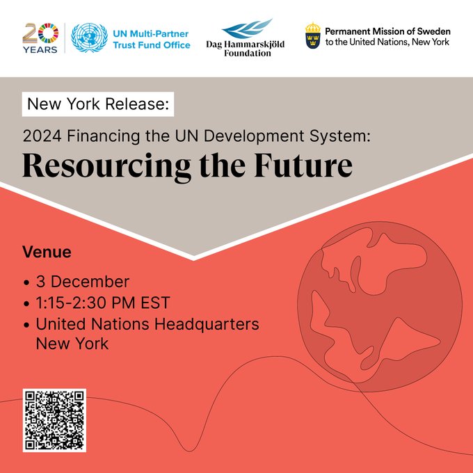 MPTFOffice's tweet image. 📢The @MPTFOffice, with the @DagHammarskjold, and hosted by @SwedenUN, invite you to the New York release of the latest &apos;Financing the United Nations Development System&apos; report at UNHQ at the #FfD4 prep comm, on 3 December! #SDGs #DevelopmentFinance 🤝🌐