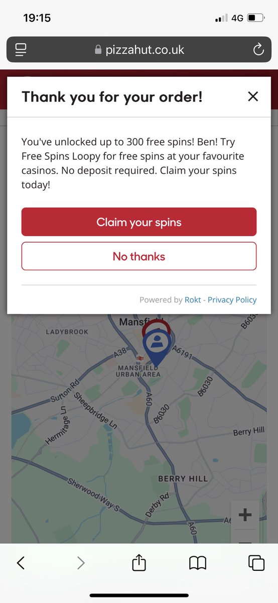 This is how normalised gambling is in the UK. Place an order <a href="/pizzahut/">Pizza Hut</a> and I’ve “won” free spins at an actual casino. 

At no point was I asked my age so for all they know I’m 16 years old 🙄

Absolutely shocking.