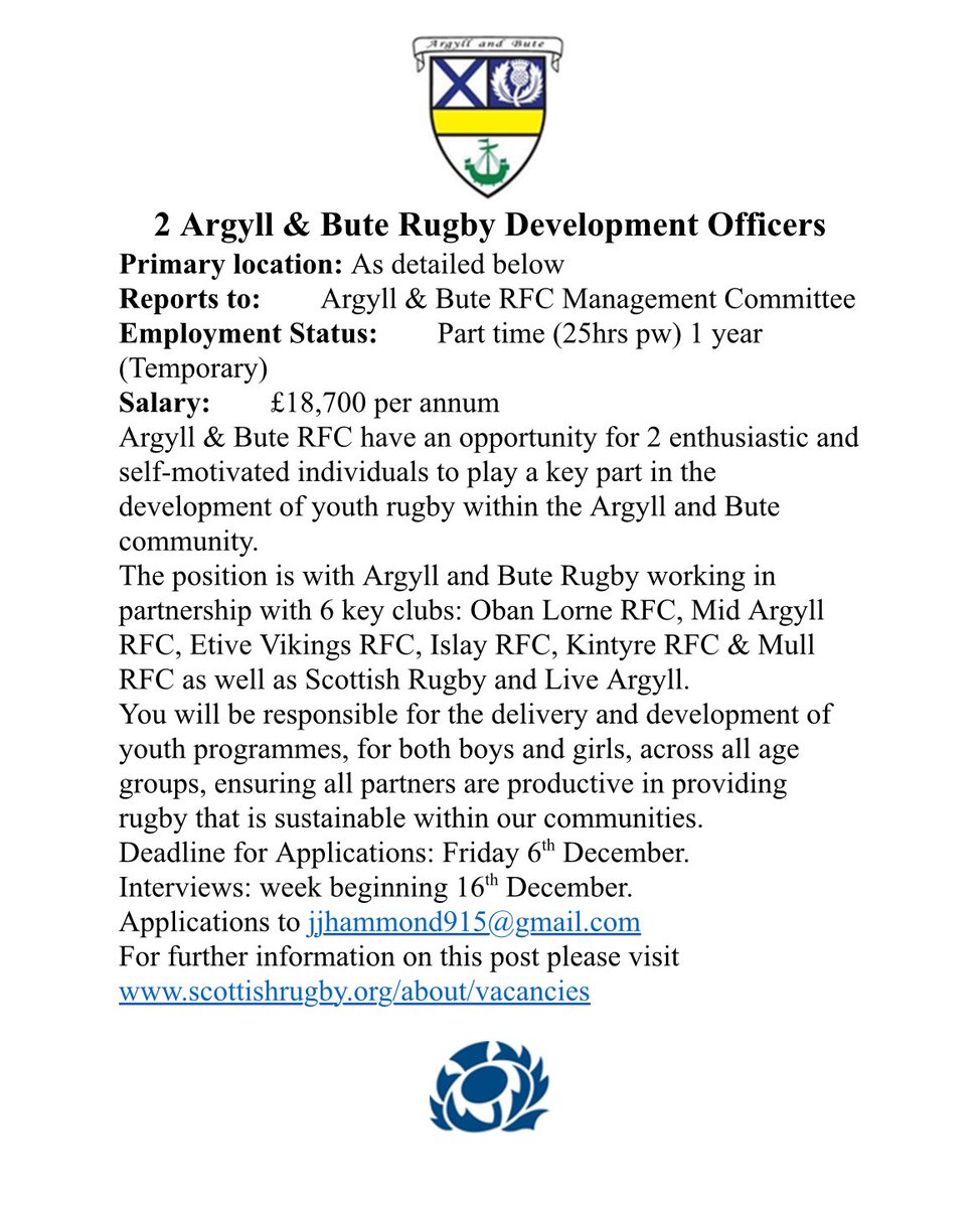 Mid Argyll RFC (@midargyllrfc) on Twitter photo Don’t miss a great opportunity to become one of the Argyll & Bute Rugby Development Officers!
Deadline for applications 6th December, to be emailed to jjhammond915@gmail.com
<a href="/Scotlandteam/">Scottish Rugby</a> <a href="/scotrugbycoach/">Scottish Rugby Game Development</a> <a href="/LiveArgyll/">Live Argyll</a> Don’t miss a great opportunity to become one of the Argyll & Bute Rugby Development Officers!
Deadline for applications 6th December, to be emailed to jjhammond915@gmail.com
<a href="/Scotlandteam/">Scottish Rugby</a> <a href="/scotrugbycoach/">Scottish Rugby Game Development</a> <a href="/LiveArgyll/">Live Argyll</a>