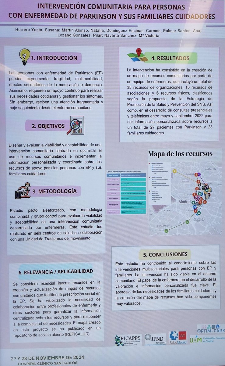 Tres de nuestras enfermeras han presentado hoy un póster para #XICongresoSEMAP sobre "Intervención comunitaria para pacientes con enfermedad de Parkinson y sus familiares cuidadores" con la creación de un mapa de recursos para el proyecto Optim-Park   <a href="/semap_/">SEMAP</a> #atenciónprimaria
