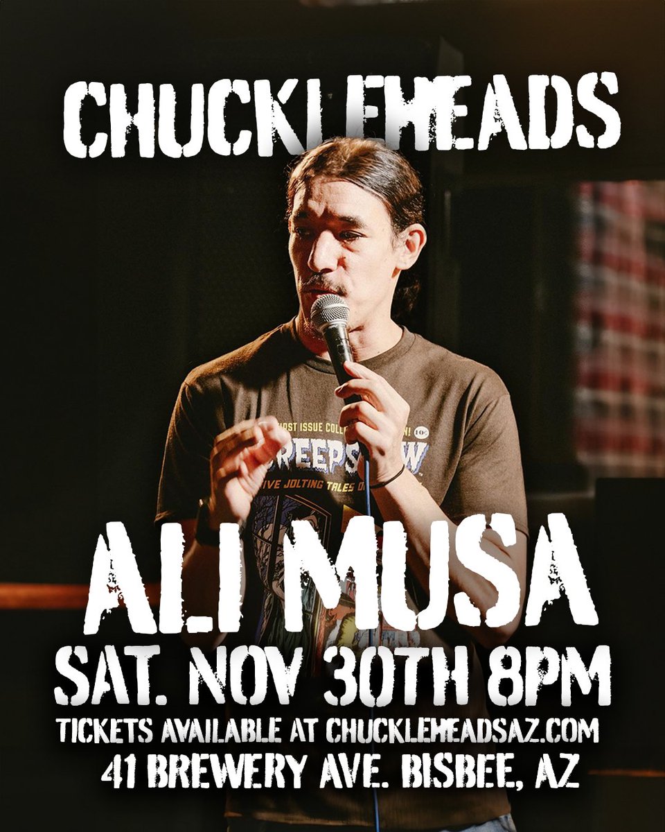 Ali Musa is live at Chuckleheads Saturday Nov 30th @ 8pm! 

Ali Musa is an Arab American comedian with silly and observational humor about his life, including jokes about his home life and Libyan father. 

Get your ticket while they're still available chuckleheadsaz.com/event-details/…