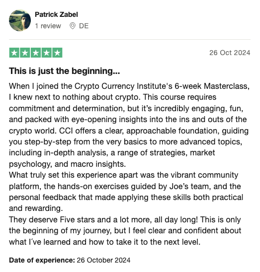 🚀 Patrick’s Crypto Journey: A Bright Beginning 🚀

"This is just the beginning..."

When Patrick joined CCI’s Masterclass, he knew little about crypto—but through commitment, determination, and our expert-guided program, he’s now confident and ready to take his journey to the