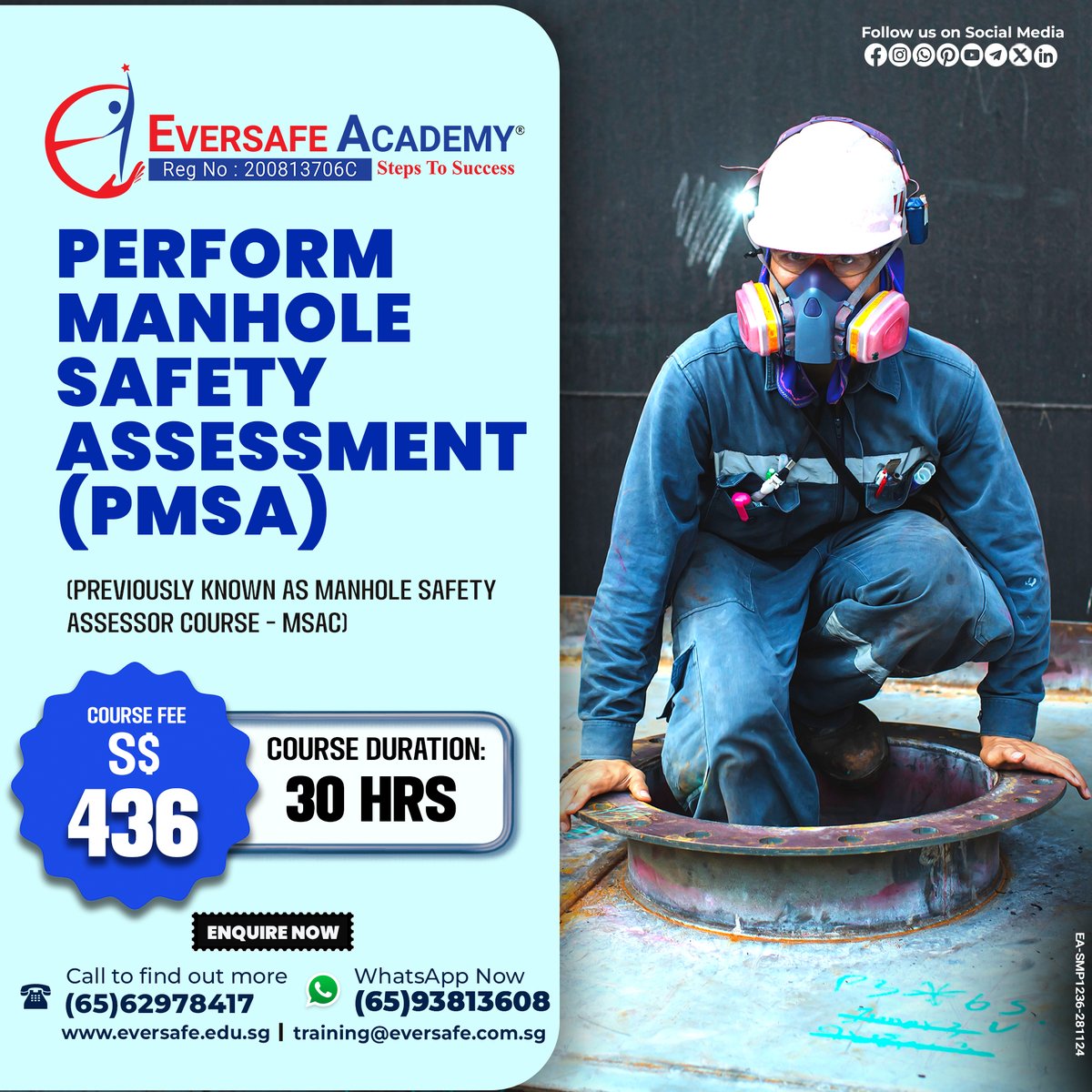 EversafeAcademy's tweet image. 𝐏𝐄𝐑𝐅𝐎𝐑𝐌 𝐌𝐀𝐍𝐇𝐎𝐋𝐄 𝐒𝐀𝐅𝐄𝐓𝐘 𝐀𝐒𝐒𝐄𝐒𝐒𝐌𝐄𝐍𝐓 (𝐏𝐌𝐒𝐀)
✅ WhatsApp: 📱 bit.ly/3JKmp0J
✅ Call: 📞 +6562978417
✅ Website: 🌐 eversafe.edu.sg
✅ Click here for further information: eversafe.edu.sg/course/perform…
#ManholeSafety #PMSACourse