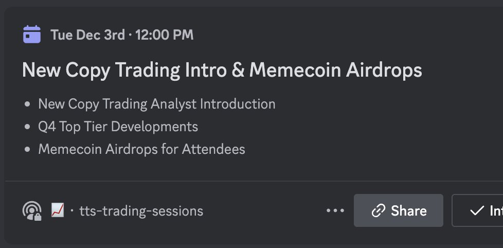 Pumped to introduce our latest automated copy trading product within <a href="/TopTierSignals/">Top Tier Signals</a>🫰

If you want access? RSVP below to AMA👇

Doing airdrops of #CHILLGUY &amp; #PNUT to AMA attendees.

discord.gg/toptiersignals
discord.com/events/1037814…