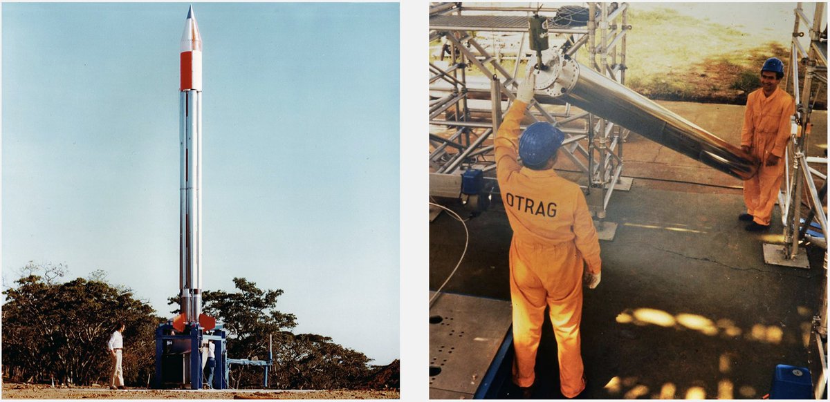 DominiqueCAPaul's tweet photo. 🚀 In 1977, while Elon Musk was still in kindergarten, a German engineer named Lutz Kayser launched the world's first private rocket from the jungles of Zaire. 

He started what SpaceX finished three decades later following the same ideas of using innovative cost-cutting designs like bundled fuel tanks, off-the-shelf parts, and cheaper fuels.

With $400M (in today's money) raised from private investors, Kayser dreamed of becoming the "Southwest Airlines of Space." His rockets looked like bundles of aluminium pencils and earned the nickname "flying asparagus"—but they worked, reaching altitudes of 30+ kilometres.

But Cold War politics doomed OTRAG's vision. Deals with African dictators sparked international outrage, so Kayser's board fired him. His company shut down in 1987 and faded into obscurity. Today's booming private space industry owes much to this forgotten pioneer who dared to challenge government monopolies 30 years too soon. 🛰️

Super interesting blog post by @muellerfreitag!
https://t.co/Upv9cm3gsj