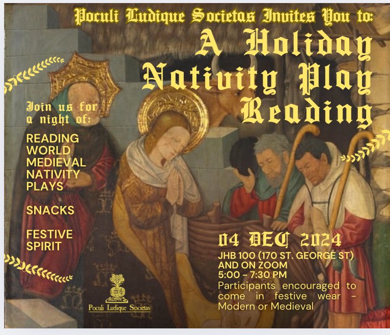poculiludiques's tweet photo. 1/2 ✨ Join us Dec 4, 5–7:15 PM for MWDWG’s festive Holiday Nativity Play Reading! 🎭 Cold-read medieval plays, hear from translator Alexandra Atiya, enjoy treats, and wear your best holiday costume! 🎅 In-person or on Zoom. Details in the next tweet #medievaldrama #nativityplays https://t.co/jZbUD6ao13