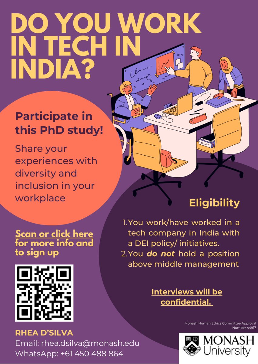 I'm still at this 🙌🏽 Exploring DEI in tech, this time for my PhD! Looking to speak to people in tech in India who want to share their thoughts and experiences on Diversity &amp; Inclusion at the workplace. Anonymity assured! tinyurl.com/deiintech to sign up and please share ✨