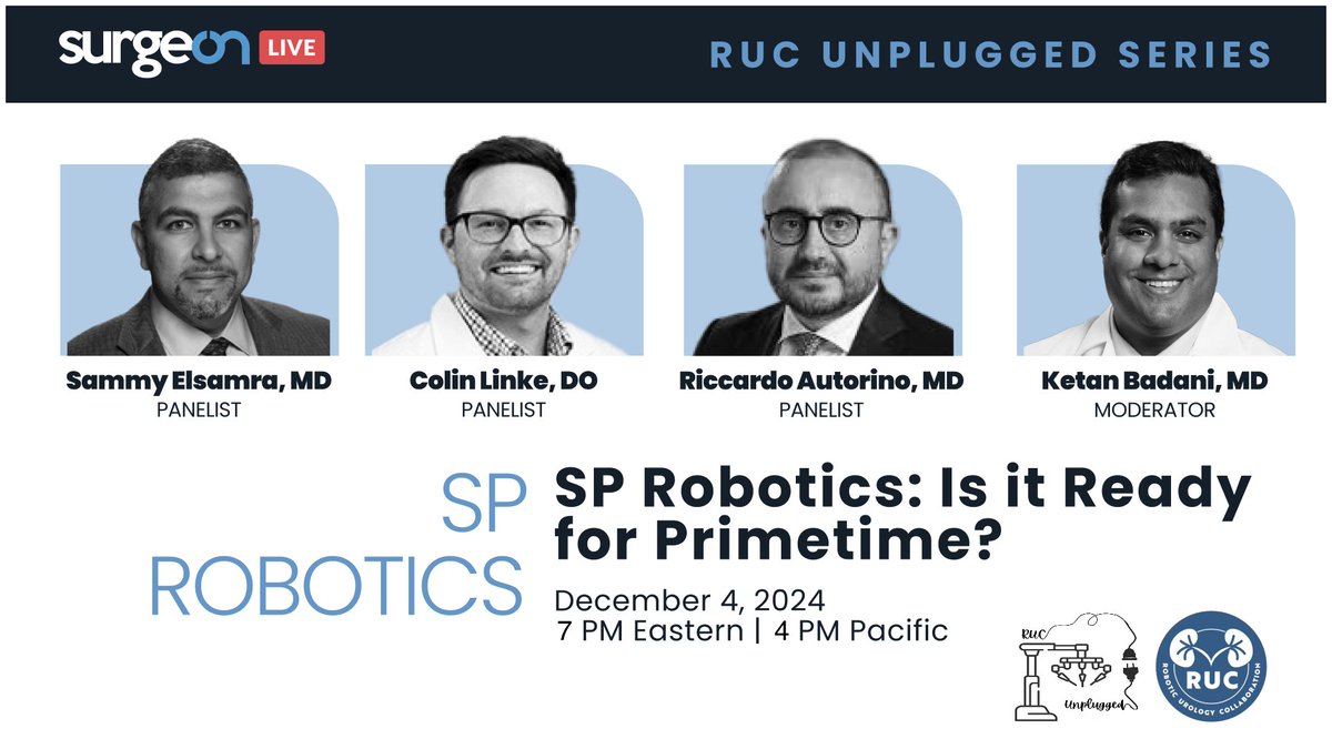 SP Robotics: Is it Ready for Primetime?

Join Dr. Ketan Badani and a panel of 3 expert surgeons for an in-depth discussion on the future of Single Port Robotic Urological Surgery.

Date &amp; Time: December 4th at 7:00pm EST

Watch the live stream here: share.surgeonapp.com/public/share/4…