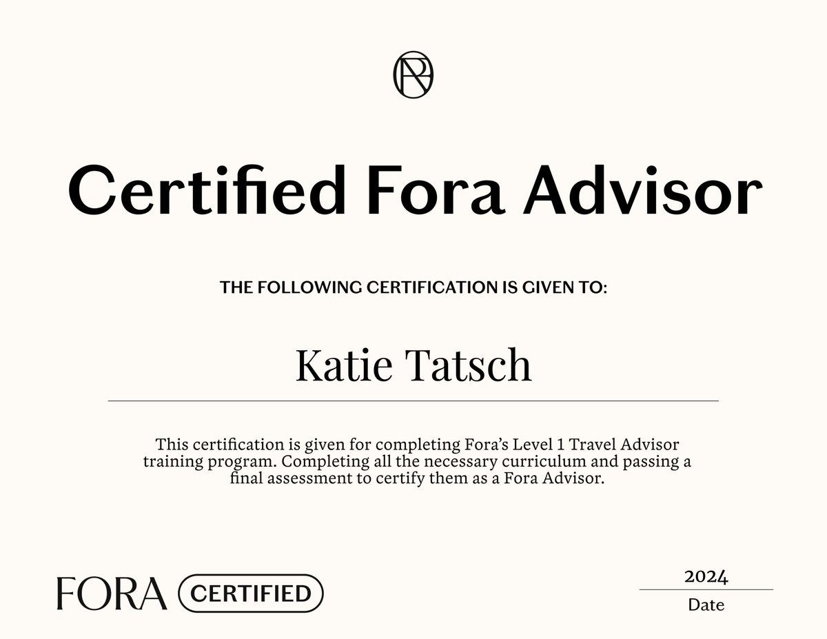 WriteHandLane's tweet image. Super excited to announce I’m officially a Fora-certified travel advisor! I've learned the ins and outs of booking travel – and I'm ready to plan your next trip! Connect with me to get started.
#moderntravelagent #travel #foraadvisor