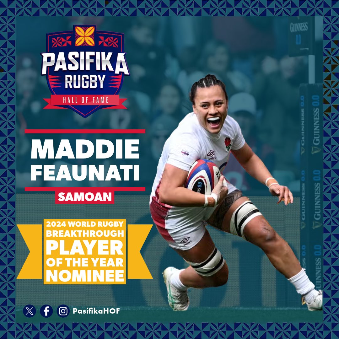 As we celebrate Pasifika’s greatest players, coaches, and contributors…we congratulate Maddie Feaunati who has been nominated for the 2024 <a href="/WorldRugby/">World Rugby</a> 15s Breakthrough Player of the Year award! 🌊🌴