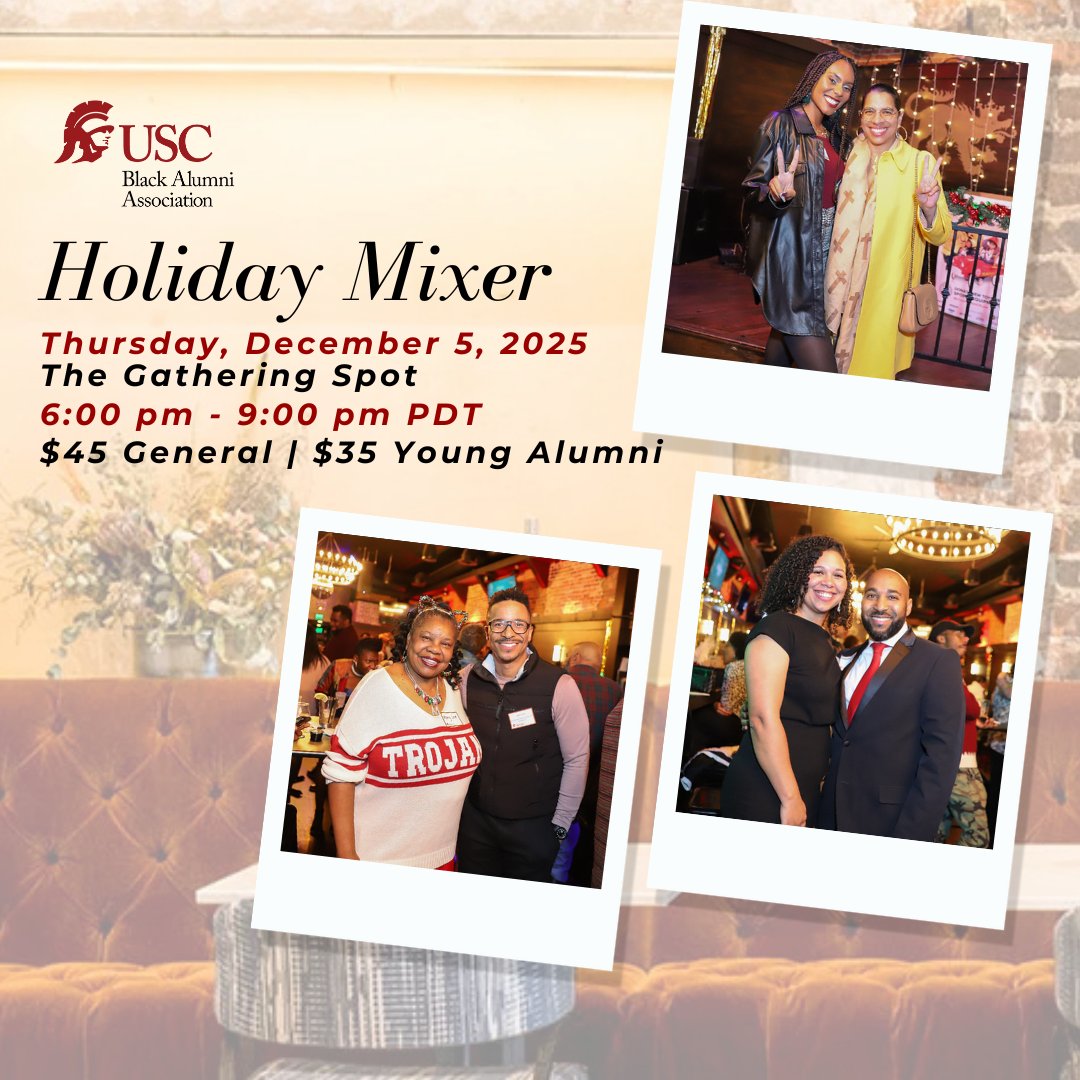 Kick off the holiday season with the USC Black Alumni Association at our Holiday Mixer! Meet us at  The Gathering Spot LA , Thursday, December 5, 2024, from 6:00 PM - 9:00 PM. Spaces are limited RSVP Now: linktr.ee/uscbaa #USCBAA #USCAlumni #FightOn ✌🏾❤️💛