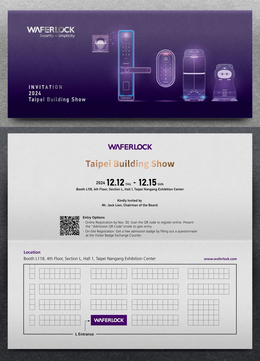 WAFERLOCK's tweet photo. ✨The Largest Exhibition Ever✨
🟪WAFERLOCK x Taipei Building Show
Presenting the industry's leading and most comprehensive smart building solutions🔥
🔹2024/12/12-12/15 Taipei Building Show
🔹Taipei Nangang Exhibition Center, Hall 1, 4F, L zone (L118)
🙌We invite you! https://t.co/bPX68MbFI5
