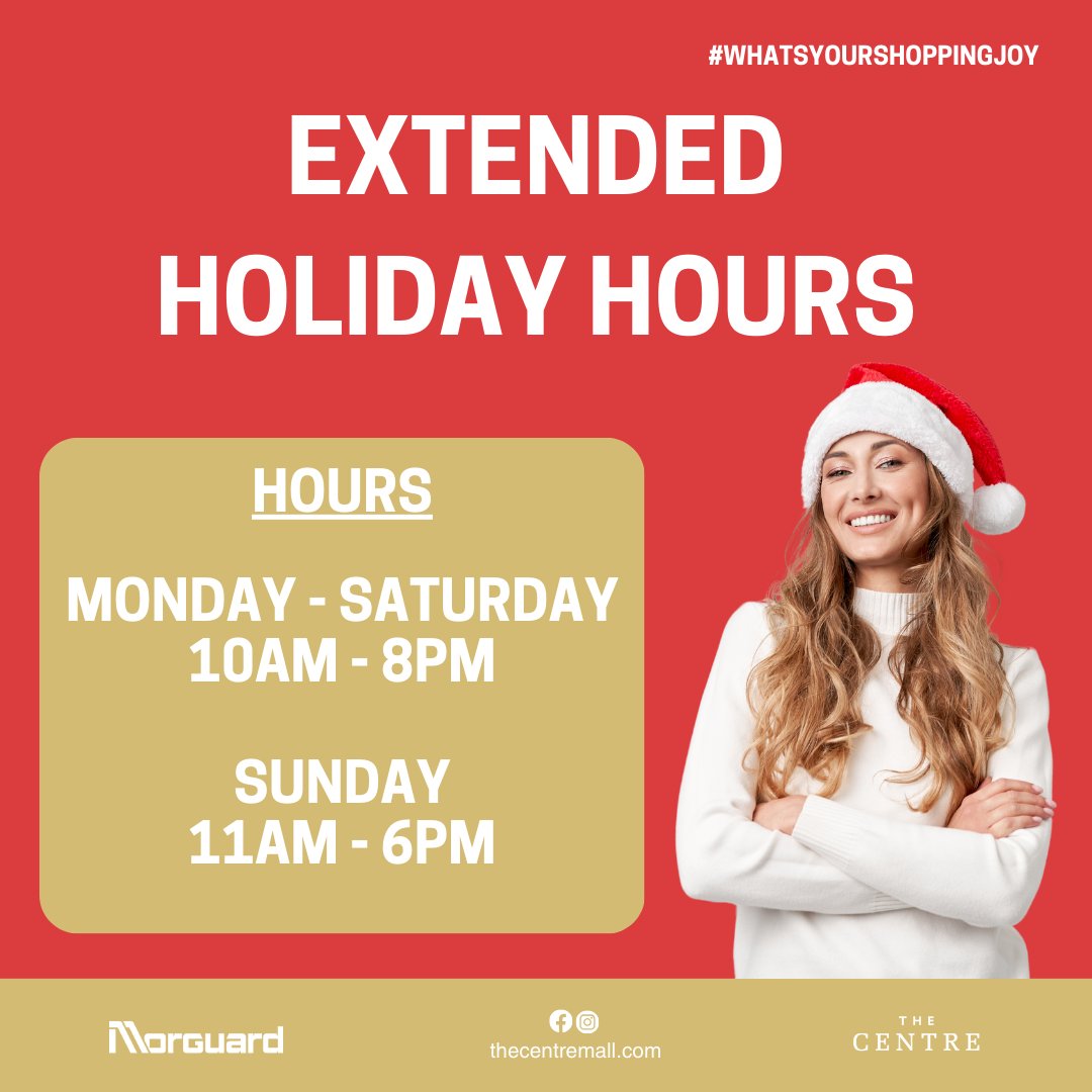The Centre is NOW OPEN EXTENDED HOLIDAY HOURS! 🛍️ Come spread the cheer and tackle your holiday shopping stress-free! Enjoy shopping MON-SAT 10am-8pm &amp; SUN 11am-6pm until Dec 23rd! 🎄🎁 Let’s make this season merry and bright together!  #HolidayShopping #ShopLocal