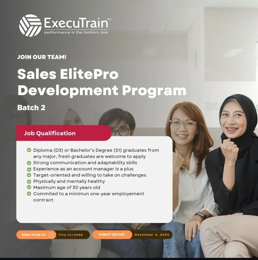 ExecuTrain_JKT's tweet photo. Selamat Pagi!
Kami membuka kesempatan untuk kalian fresh graduated yang ingin di develop menjadi account manager di perusahaan kami! Yuk ikuti dan daftar sekarang (kalian akan dibayar dalam program ini)

https://t.co/EE6K7KIV6W https://t.co/0ODPuhZS3f