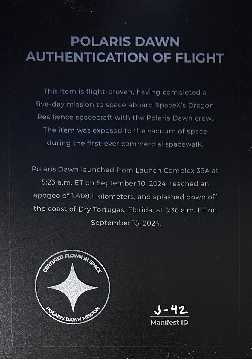 ShuttleAlmanac's tweet image. Arrived today. My 5xGrandfather's British Naval Rocket Brigade patch. Flown in Space during @PolarisProgram's #PolarisDawn Sept. 10-15, 2024 to over 1,400 km & 75 orbits. Exposed to open Space during the World's first non-govt EVA. Thank you @rookisaacman & Casey Phillips!
