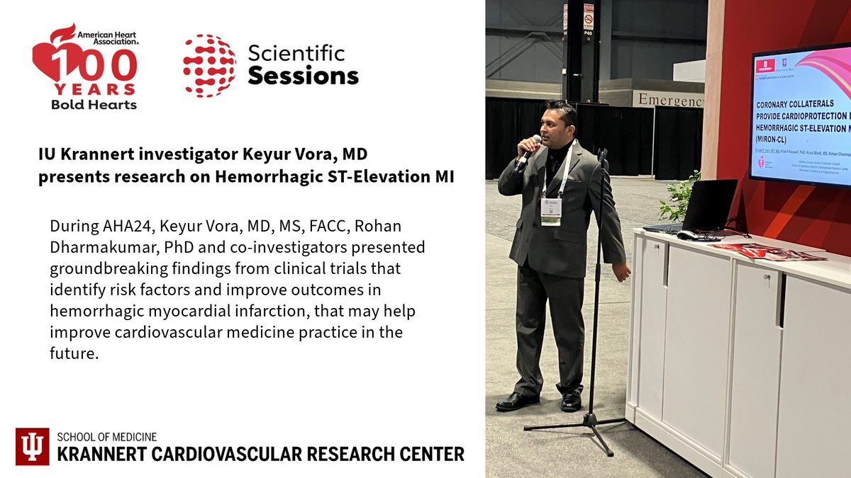 #IUKrannertHeart investigator <a href="/KeyurVoraMD/">Keyur P. Vora</a> and collaborators, including <a href="/rohandkumar1/">Rohan Dharmakumar</a> <a href="/IUMedSchool/">IU School of Medicine</a>, shared findings from their MIRON-CL and MIRON-RUPTURE clinical trials at #AHA24 on innovative approaches to treating hemorrhagic MI.