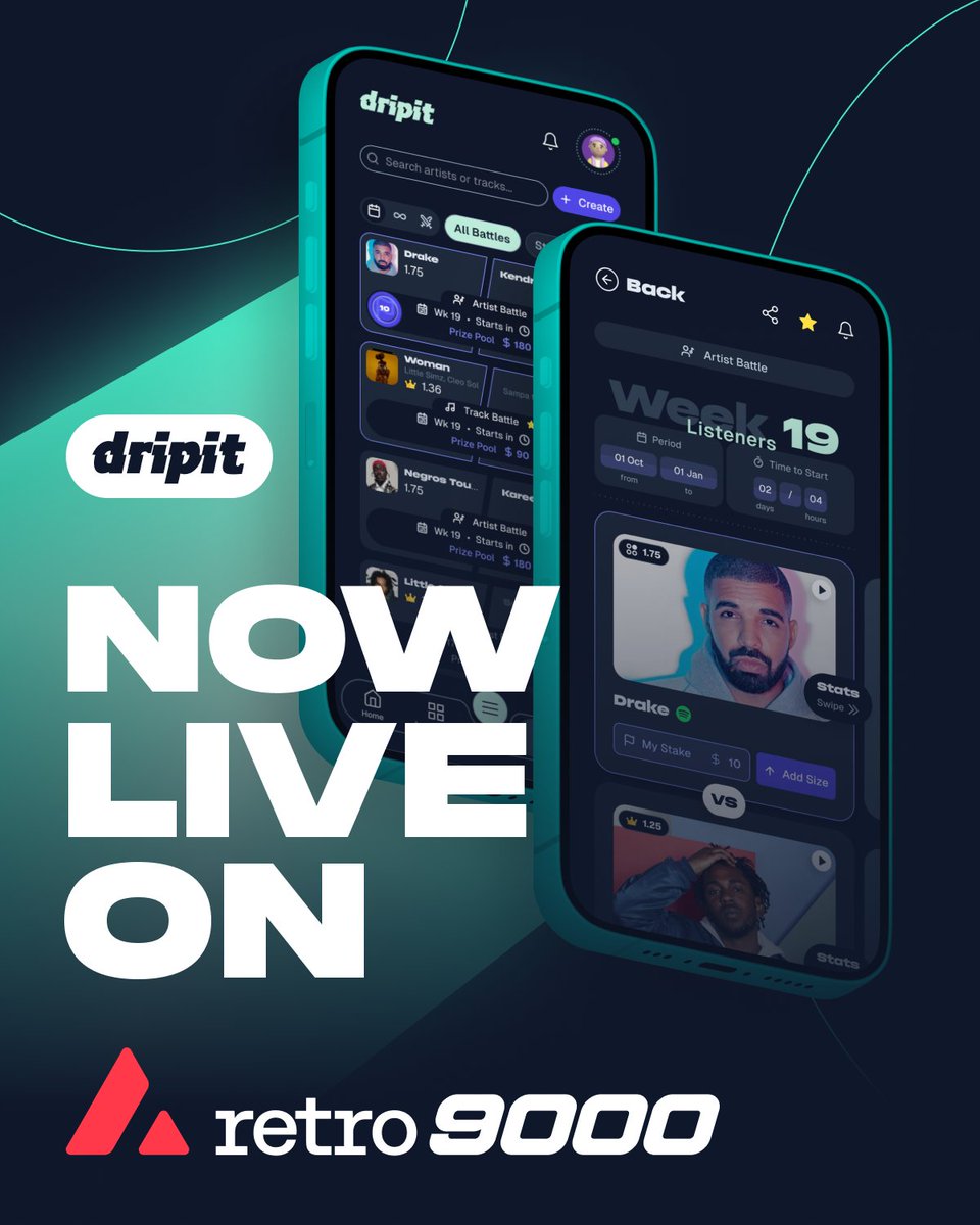 dripit_io's tweet photo. We are now live on retro9000⚡️

Our prediction market for music will go live [soon] on C-chain, but we got bigger plans👀

Announcing dripit L1 - a permissionless L1 with platform revenue tied into validator rewards.

With #Avalanche9000Testnet live, we aim to be one of the first consumer app L1s to launch🤘