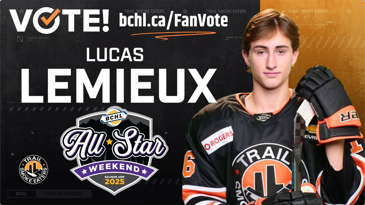 🗳️ Smokies Nation! We need YOUR help! Lucas Lemieux has been included in the BCHL All-Star Fan Vote and can only get in if you VOTE NOW at BCHL.ca/FanVote! Voting ends Dec.4 at 4pm [PT], so VOTE DAILY! #WeAreSmokeEaters