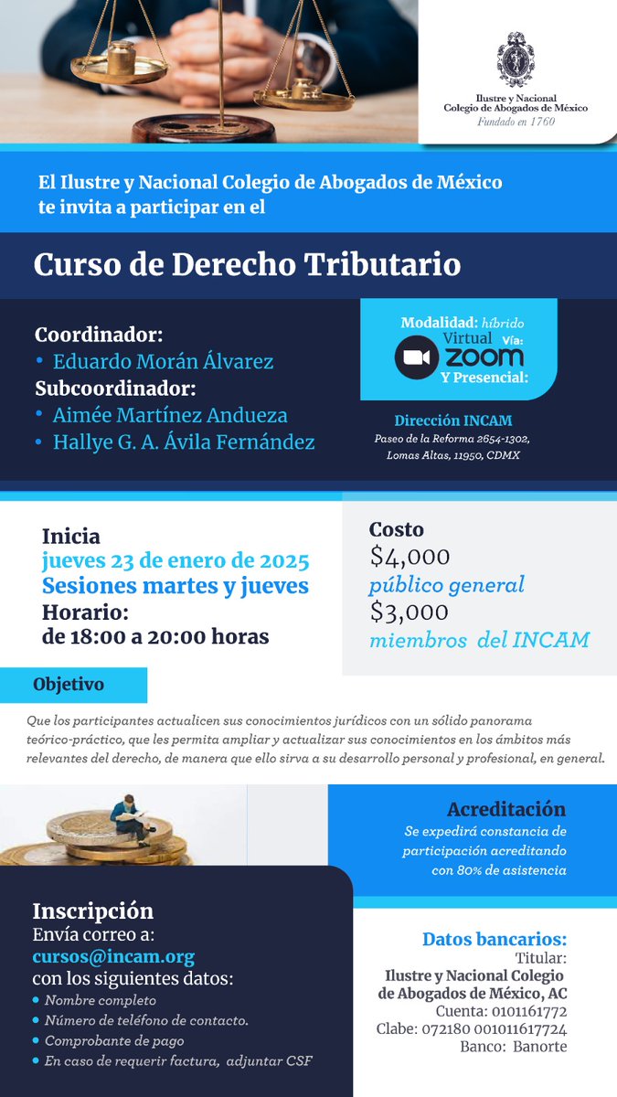 INCAM_Abogados's tweet photo. "Nuevas tendencias Constitucionales en el Derecho Tributario", será el tema que el Dr. @cespinosab  presentará en el curso de #derechotributario que iniciará el jueves 23 de enero de 2025.
Conoce la agenda en https://t.co/jN1NpJkiVo
Inscríbete en el correo cursos@incam.org https://t.co/cyvtuWmJRW