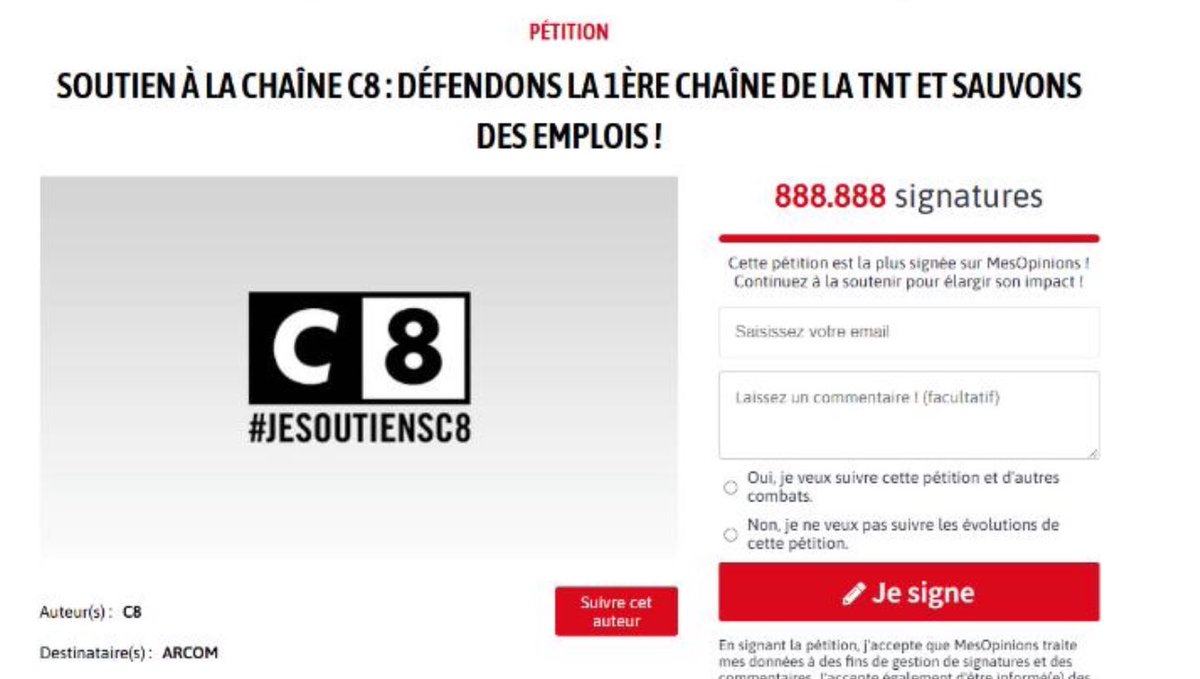 888 888 signatures pour sauver C8, ça ne s’invente pas.  
Chiffre porte-bonheur au Japon, symbole de victoire dans la Grèce antique, signe de prospérité en Chine, numérotation de la chaîne TNT préférée des Français… le 8 continue de nous porter aujourd’hui 😉
Encore merci pour
