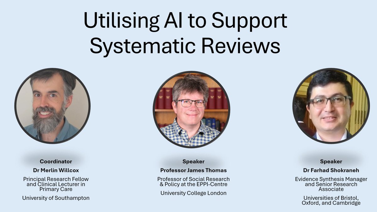 Skip my section &amp; start listening to James's section from 21:45 and enjoy it!

Another fantastic session for the University of Southampton with Professor James Thomas

Link youtube.com/@SystematicRev…

#EvidenceSynthesis #AI #ML #SystematicReviews #LLM #GenerativeAI