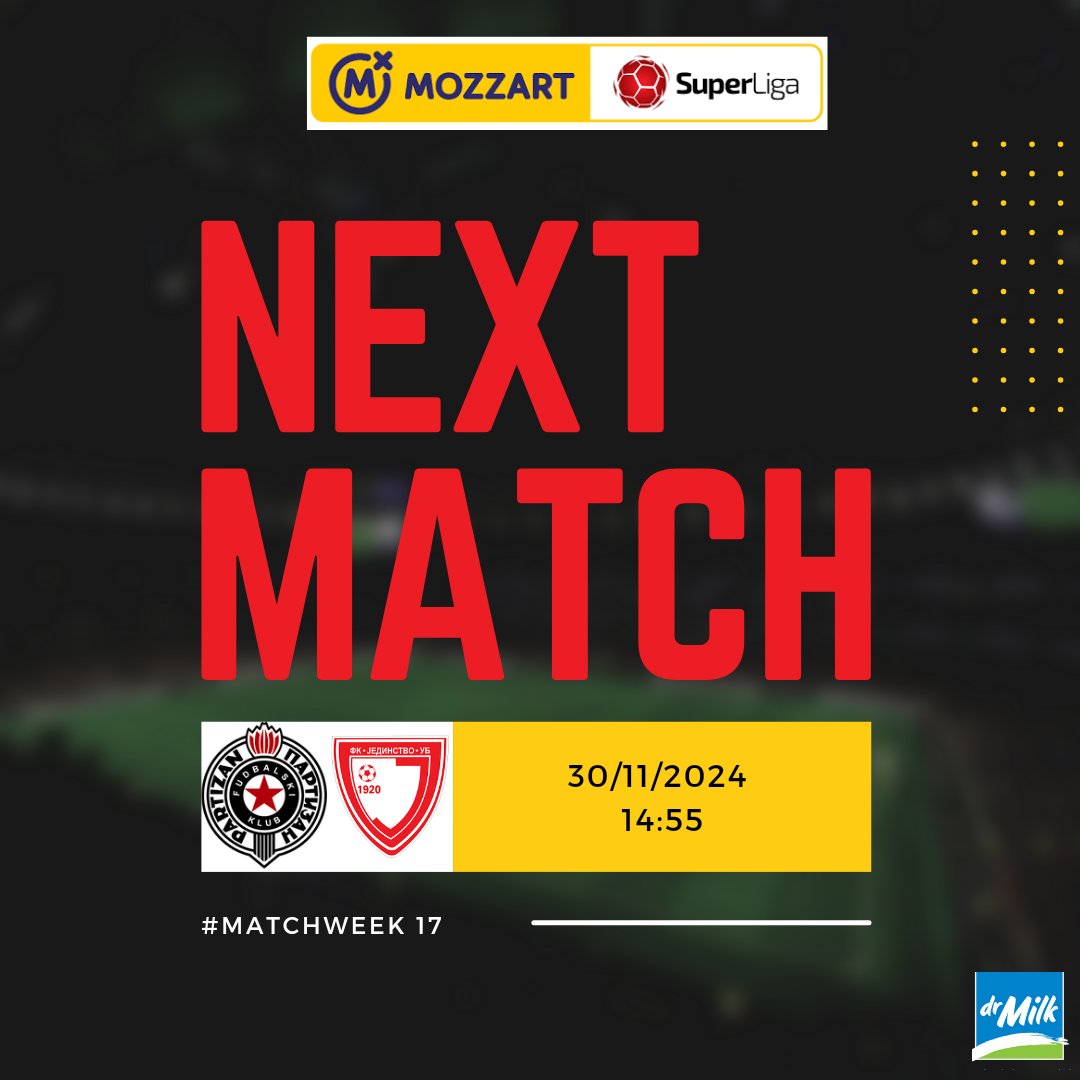 FK Partizan 🆚 FK Jedinstvo 
🗓️ SUBOTA 30. NOVEMBAR 
⏰ 14:55
🏆#mozzartbetsuperliga
🏟️ Stadion Partizana, Beograd 

#fkjedinstvoub #superligasrbije #mozzartbetsuperliga