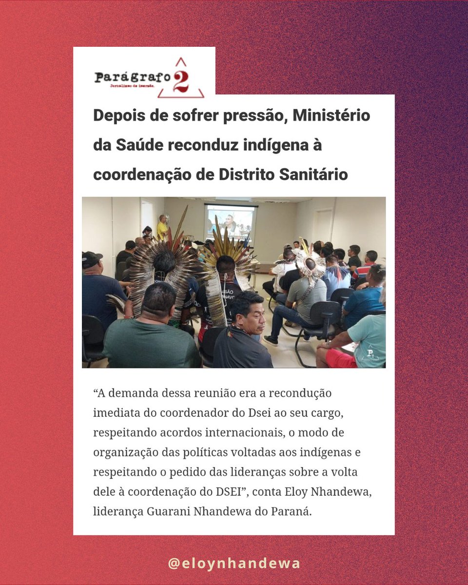📰 DEU NO PARÁGRAFO 2!

Nossa Ocupação do Distrito Sanitário Especial Indígena (DSEI) LItoral Sul, vitoriosa na recondução do Coordenador ao seu cargo. NADA NOSSO, SEM NÓS!

Leia a matéria completa no link:
paragrafo2.com.br/depois-de-sofr…

#CuritibaÉTerraIndígena #SaúdeIndígena #Paraná