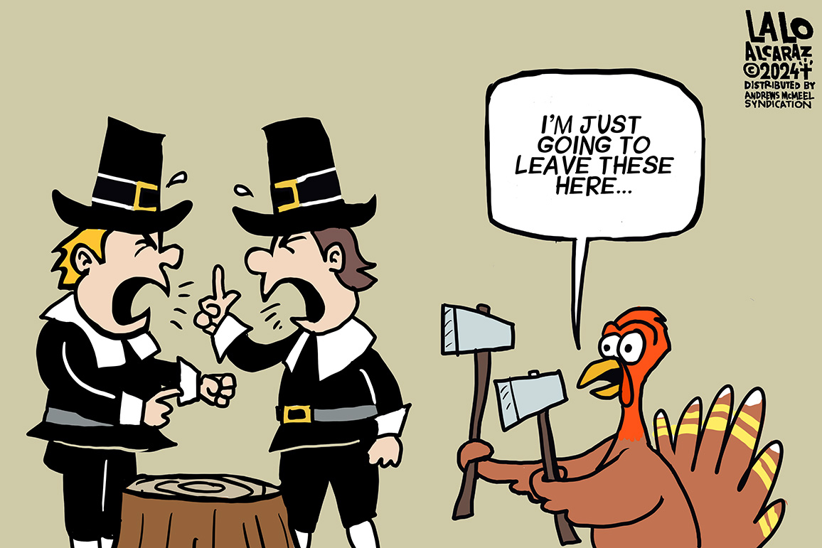 I'm just going to leave this Thanksgiving cartoon here... Please share laloalcaraz cartoons and also buy the 2025 Lalo Alcaraz Cartoon Calendar at laloalcaraz.com/2025-cartoon-y…
