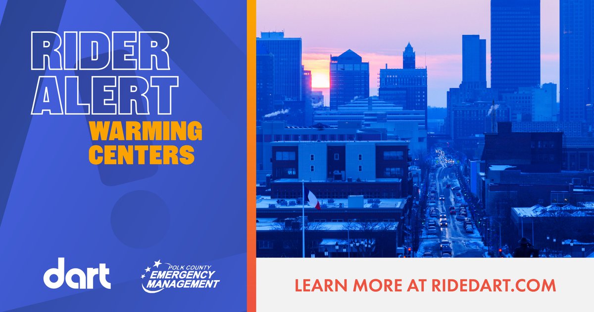 Despite the sunny days coming up, temps are falling below freezing and wind chills will be dangerously low overnight. Polk County has activate their Extreme Temp. Plan. 

Learn about free access to daytime warming centers and shelters at ridedart.com/alerts/free-ri…