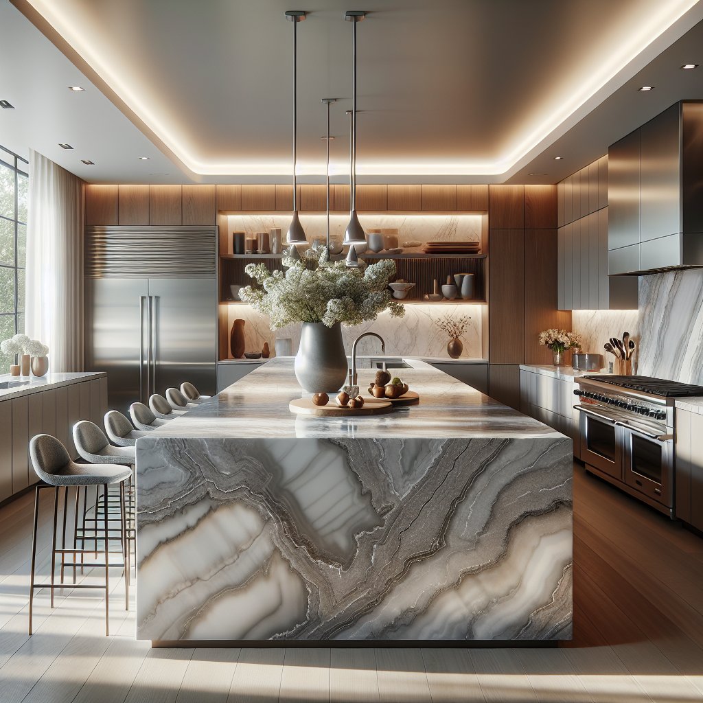 CountertopsMore's tweet image. Discover the class of our quartzite waterfall countertop - a blend of style and functionality. Enhance your home with #CountertopsAndMore's expert islands. #KitchenMasterpiece #LuxuryLiving