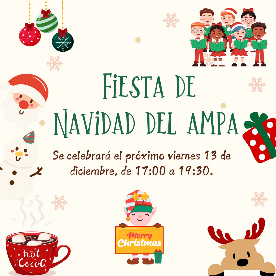 Hola Familias!!

Como cada curso nos encantaría despedir el año junto a todas las familias que forman parte del AMPA. Estamos preparando un tarde llena de actividades.
No te lo pierdas, apunta a todos los miembros de la familia que van asistir en la APP. Te esperamos.🎄