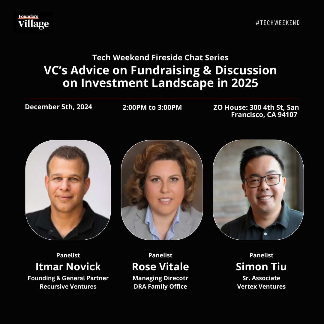 foundersvillge's tweet image. 🌟 Tech Weekend Sneak Peek 🌟

While the year may be winding down, Founders Village never stops innovating. 🎯 Don’t miss this exclusive chance to get ahead of 2025 with our upcoming #TechWeekend. A gathering of 100 Technical Founders and 25 VCs.

Link to sign up:…
