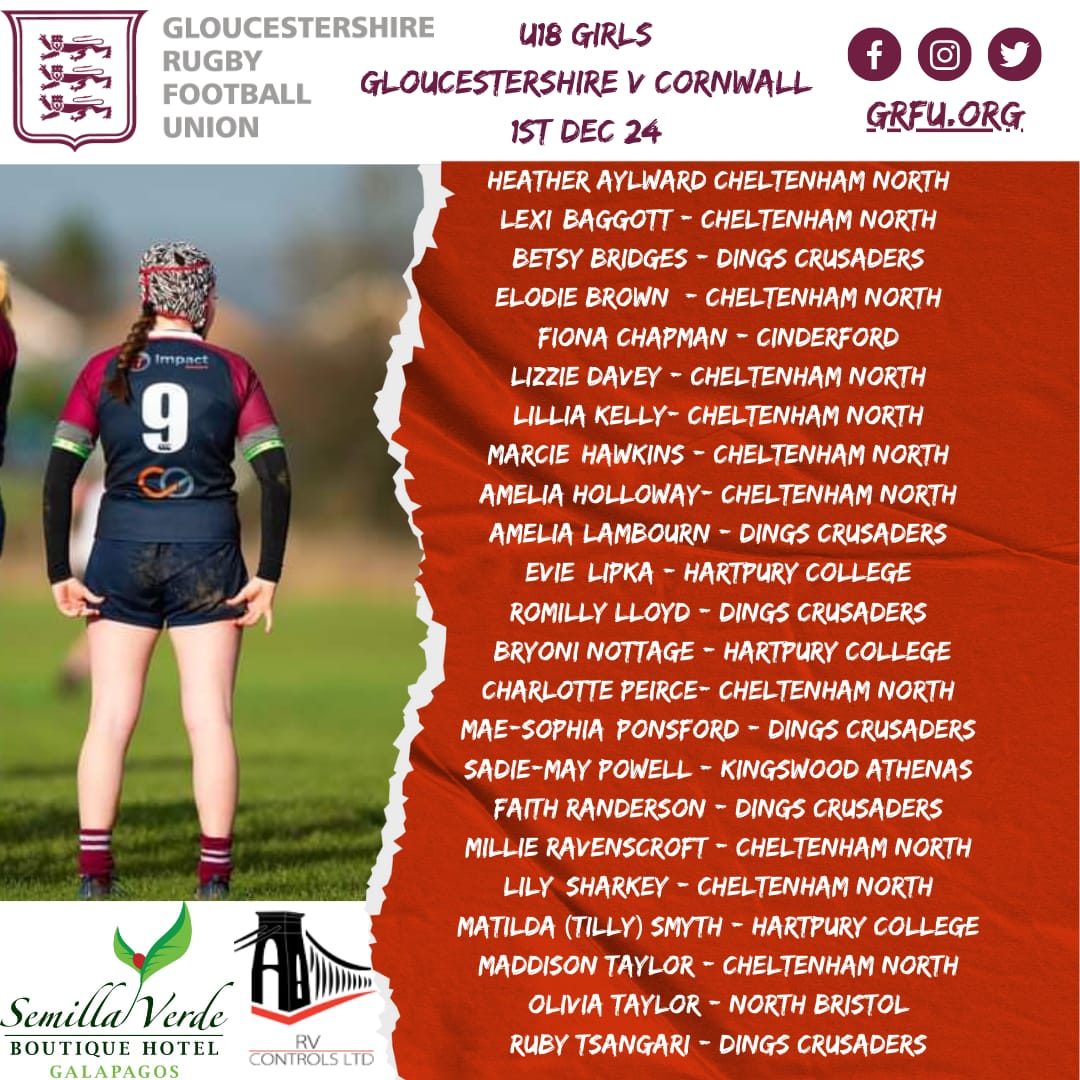 GRFUrugby's tweet photo. Gloucestershire U18s teams to face Cornwall at Cheltenham Tigers this Sunday at 1pm.  Congratulations to all those selected. https://t.co/Mng3tIkAFz