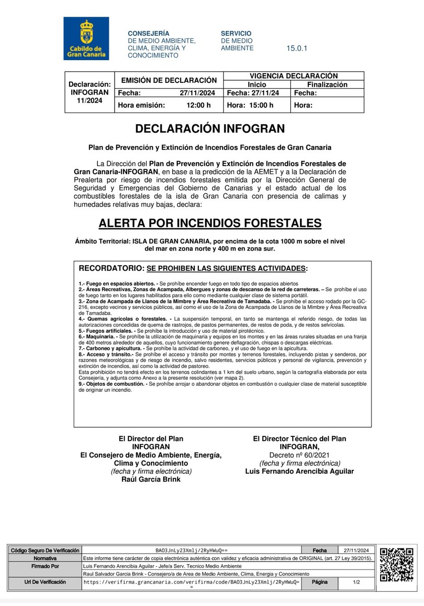 En virtud de las condiciones meteorológicas actuales, el <a href="/gobcan/">estasi</a> y otras administraciones, declaran:

✔ Situación: Alerta
📍Ámbito: TF y GC
✔ Fenómeno: Riesgo Incendio Forestal
📝  ver informacion adjunta

<a href="/112canarias/">112 Canarias</a> 
#maspalomas➕️segura 
maspalomas.com