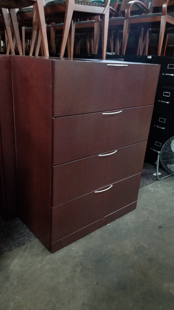 DFSIHOUSTON's tweet image. Knoll 4 drawer lateral file cabinet, commercial grade, wood in mahogany finish, file hanging frames, lock with key, 30 “ wide #filecabinets #officefurniture