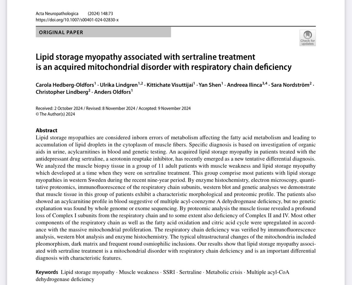 TLiewluck's tweet photo. Another series of 11 patients with #lipid storage #myopathy (MADD-like) &amp; #Sertraline exposure from #Sweden (again). Elegant #neuropathology study shows an underlying acquired #mitochondria defect. 
🧐 Who are at risk of developing this? https://t.co/00TvVM2GjX